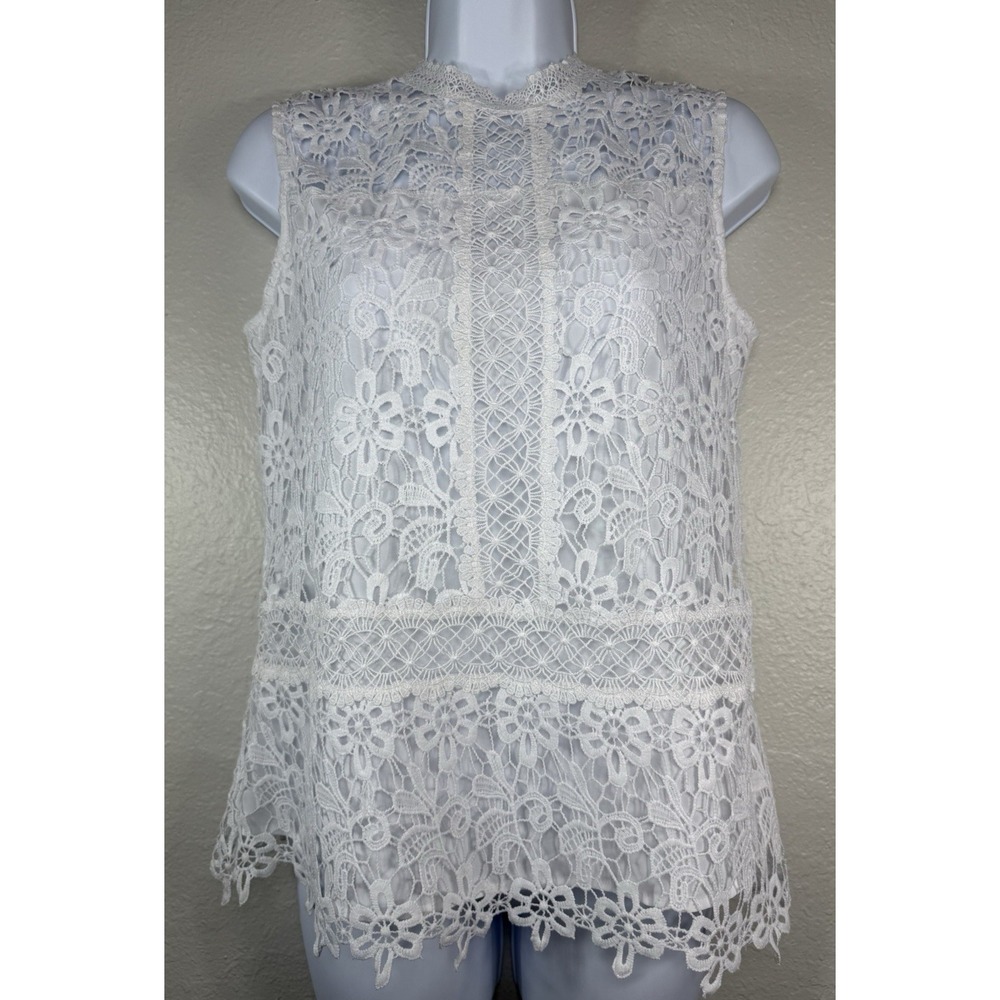 LAUNDRY Women White Lace Overlay Blouse Top Shirt Sz S floral crochet high neck